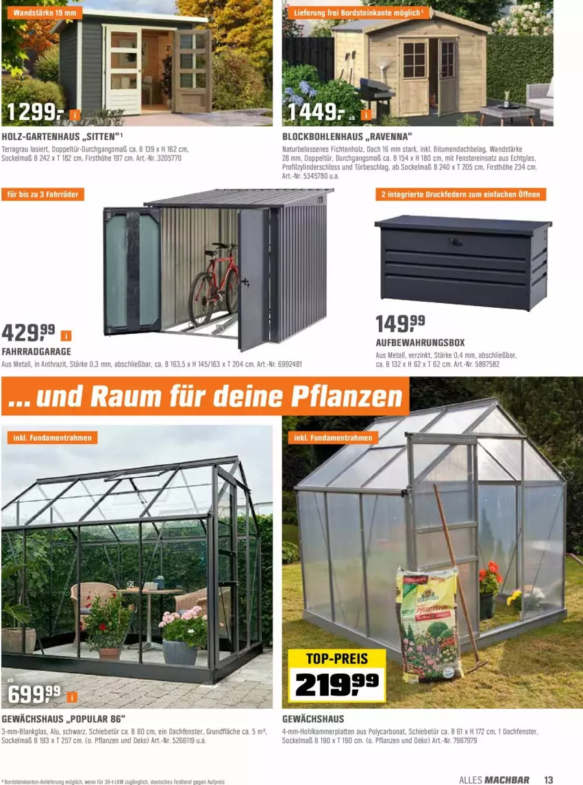 Aktueller Prospekt Obi - Prospekte - von 01.03 bis 13.03.2022 - strona 13 - produkty: aufbewahrungsbox, Bona, eis, Fahrrad, fenster, Garten, Gartenhaus, Gewächshaus, Hohlkammerplatte, Holz, latte, mac, natur, pflanze, pflanzen, reis, top-preis