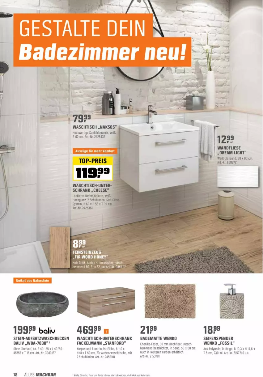 Aktueller Prospekt Obi - Prospekte - von 01.03 bis 13.03.2022 - strona 18 - produkty: Bad, badematte, brie, fackelmann, hochglanz, Holz, lack, latte, mac, natur, naturstein, Schrank, schubladen, Seife, seifenspender, Ti, tisch, unterschrank, waschbecken, waschtisch, wenko