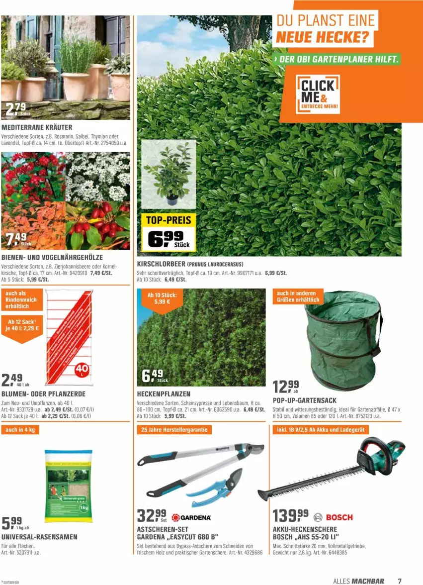 Aktueller Prospekt Obi - Prospekte - von 01.03 bis 13.03.2022 - strona 7 - produkty: akku, akku-heckenschere, asus, Bau, beere, blume, blumen, bosch, eis, erde, gardena, Garten, Gartensack, Gartenschere, heckenschere, heinz, Holz, johannisbeere, kirsch, kirsche, korn, kräuter, lavendel, LG, mac, pflanze, pflanzen, pflanzerde, rasen, rasensamen, reis, rosmarin, sac, Schere, Ti, tisch, top-preis, topf, übertopf