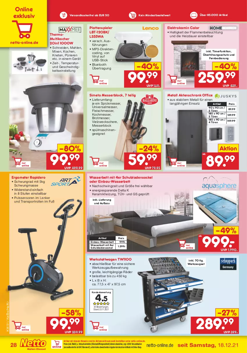 Aktueller Prospekt Netto Marken-Discount - Filial Angebote - von 20.12 bis 24.12.2021 - strona 28 - produkty: Aktenschrank, auer, Bau, beleuchtung, bett, brot, eis, Elektro, fernbedienung, fleisch, Kamin, Kocher, lamm, latte, LG, messer, messerblock, Mp3, Multikocher, ndk, office, reis, rum, Schere, Schrank, schubladen, sim, Spiele, Sport, spülmaschinen, Ti, timer, überhitzungsschutz, usb, versandkostenfrei, wasser, weck, werkzeug