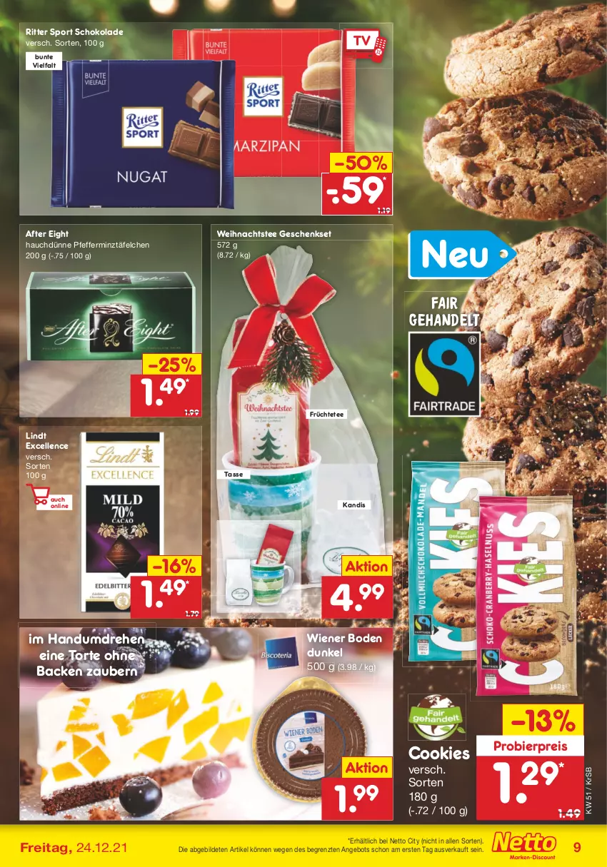 Aktueller Prospekt Netto Marken-Discount - Filial Angebote - von 20.12 bis 24.12.2021 - strona 9 - produkty: after eight, angebot, bier, cookie, cookies, eis, elle, früchte, Früchtetee, geschenkset, lindt, pfeffer, reis, ritter, ritter sport, schoko, schokolade, Sport, tasse, tee, Ti, torte, wiener, wiener boden, ZTE