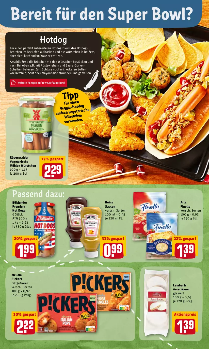 Aktueller Prospekt Rewe - Diese Woche im Angebot! - von 31.01 bis 05.02.2022 - strona 12 - produkty: aktionspreis, Amber, arla, backofen, böklunder, brötchen, eis, finello, gurke, gurken, heinz, hot dog, ketchup, lambertz, mayonnaise, mccain, mit röstzwiebeln, Ofen, reis, rezept, rezepte, röstzwiebeln, rügenwalder, rwe, sauce, saucen, senf, Soße, Ti, Vegeta, wasser, würstchen, Yo, zwiebel, zwiebeln