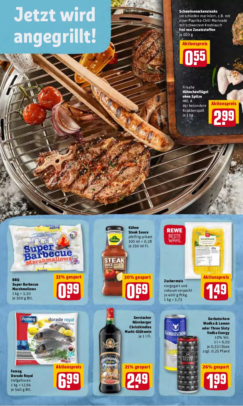 Aktueller Prospekt Rewe - Diese Woche im Angebot! - von 31.01 bis 05.02.2022 - strona 16 - produkty: aktionspreis, barbecue, Berger, chili, Dorade, dorade royal, eis, femeg, Frische Hähnchen, Glühwein, Gorbatschow, gorbatschow wodka, grill, hähnchenflügel, Kindle, knoblauch, Kühne, mais, marinade, mars, Nackensteak, nackensteaks, nürnberger, paprika, reis, sauce, schwein, schweine, schweinenacken, steak, steaks, Three Sixty, Ti, vodka, wein, weine, wodka, zucker, zuckermais