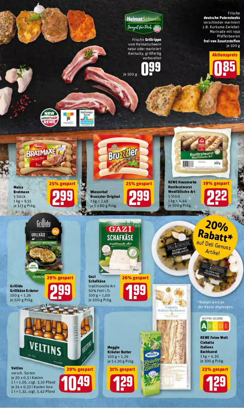 Aktueller Prospekt Rewe - Diese Woche im Angebot! - von 31.01 bis 05.02.2022 - strona 17 - produkty: aktionspreis, axe, beere, beeren, bratmaxe, bratwurst, bruzzzler, butter, ciabatta, eis, elle, gin, grill, Grillkäse, grillrippe, hausmarke, Käse, kräuter, marinade, meggle, meica, natur, pfeffer, pute, putensteaks, reis, rewe feine welt, rewe hausmarke, rostbratwurst, schafkäse, schwein, steak, steaks, Ti, tuc, veltins, wein, wiesenhof, wurst, zwiebel