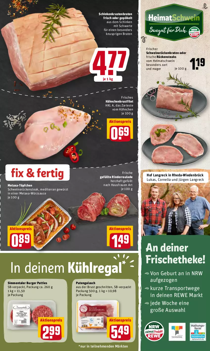 Aktueller Prospekt Rewe - Diese Woche im Angebot! - von 31.01 bis 05.02.2022 - strona 5 - produkty: aktionspreis, braten, brustfilet, burger, eis, filet, gewürz, gulasch, hähnchenbrust, hähnchenbrustfilet, krustenbraten, kühlregal, Metaxa, pute, regal, reis, rind, rinder, Rinderroulade, Rückenbraten, Rückensteak, rückensteaks, sauce, schinken, schnitten, schwein, schweine, schweinerücken, sim, Sport, steak, steaks, Ti, Töpfchen, wein, weine, würzsauce