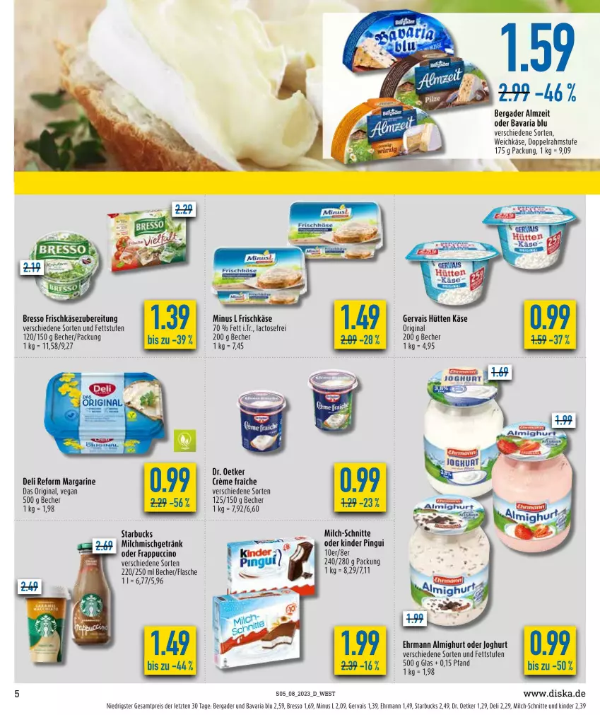 Aktueller Prospekt Diska - Prospekte - von 20.02 bis 25.02.2023 - strona 5 - produkty: almighur, almighurt, bavaria blu, Becher, bergader, bresso, cin, creme, deli reform, doppelrahmstufe, Dr. Oetker, ehrmann, ehrmann almighurt, eis, flasche, frischkäse, frischkäsezubereitung, gervais, getränk, gin, joghur, joghurt, Käse, Kinder, kinder pingui, margarine, milch, milch-schnitte, pingui, reis, Ria, starbucks, weichkäse, ZTE