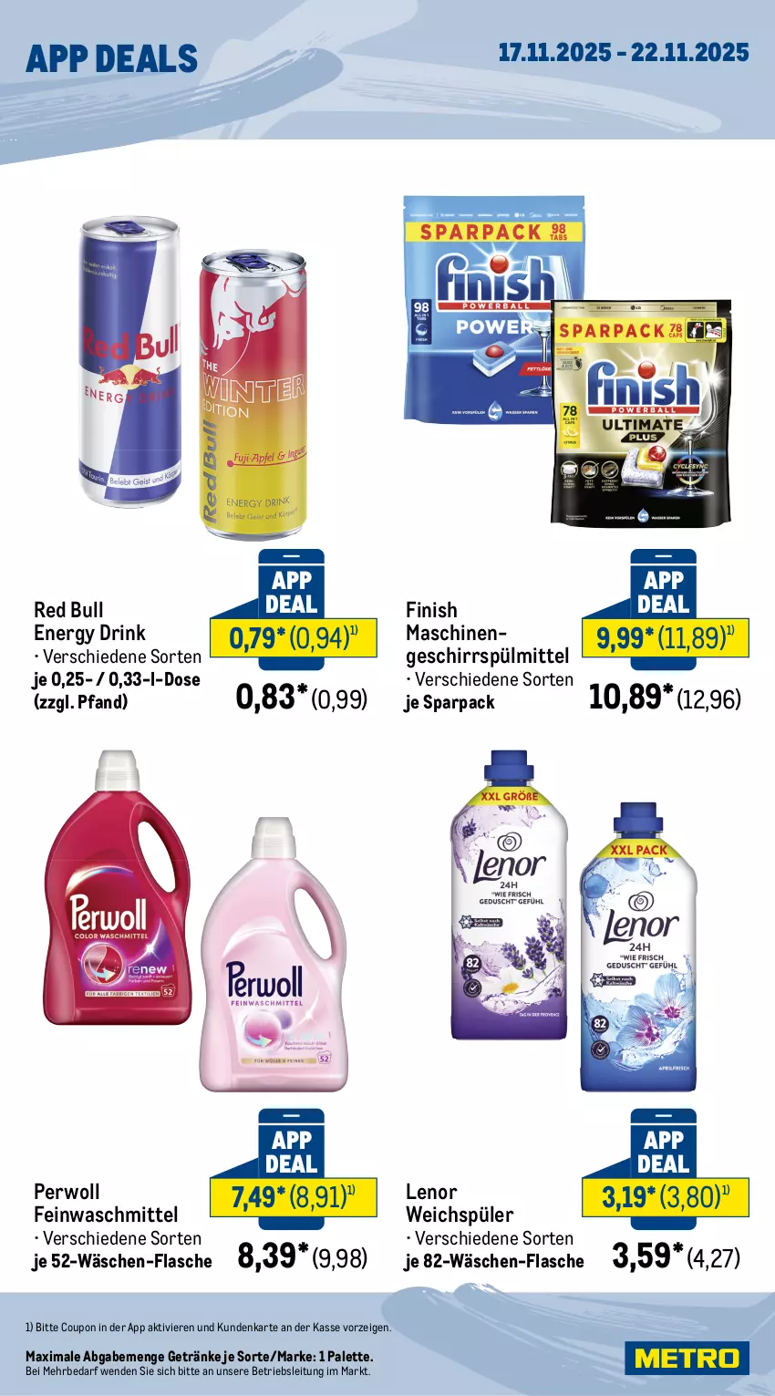 Aktueller Prospekt Metro - App-Deals - von 17.11 bis 22.11.2025 - strona 2 - produkty: coupon, drink, energy drink, feinwaschmittel, Finish, flasche, geschirr, geschirrspülmittel, getränk, getränke, lenor, lenor weichspüler, Palette, perwoll, red bull, spülmittel, Ti, waschmittel, weichspüler