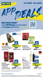 Gazetka promocyjna Metro - App-Deals - Gazetka - ważna od 22.11 do 22.11.2025 - strona 1 - produkty: abholpreise, angebot, angebote, beutel, bohne, bree, chardonnay, coupon, eis, espresso, flasche, Glühwein, ilag, mac, Metro, metro gastro, milch, nudel, nudeln, orange, parmigiano, parmigiano reggiano, Rauch, reggiano, reis, rwe, Ti, vanille, wein