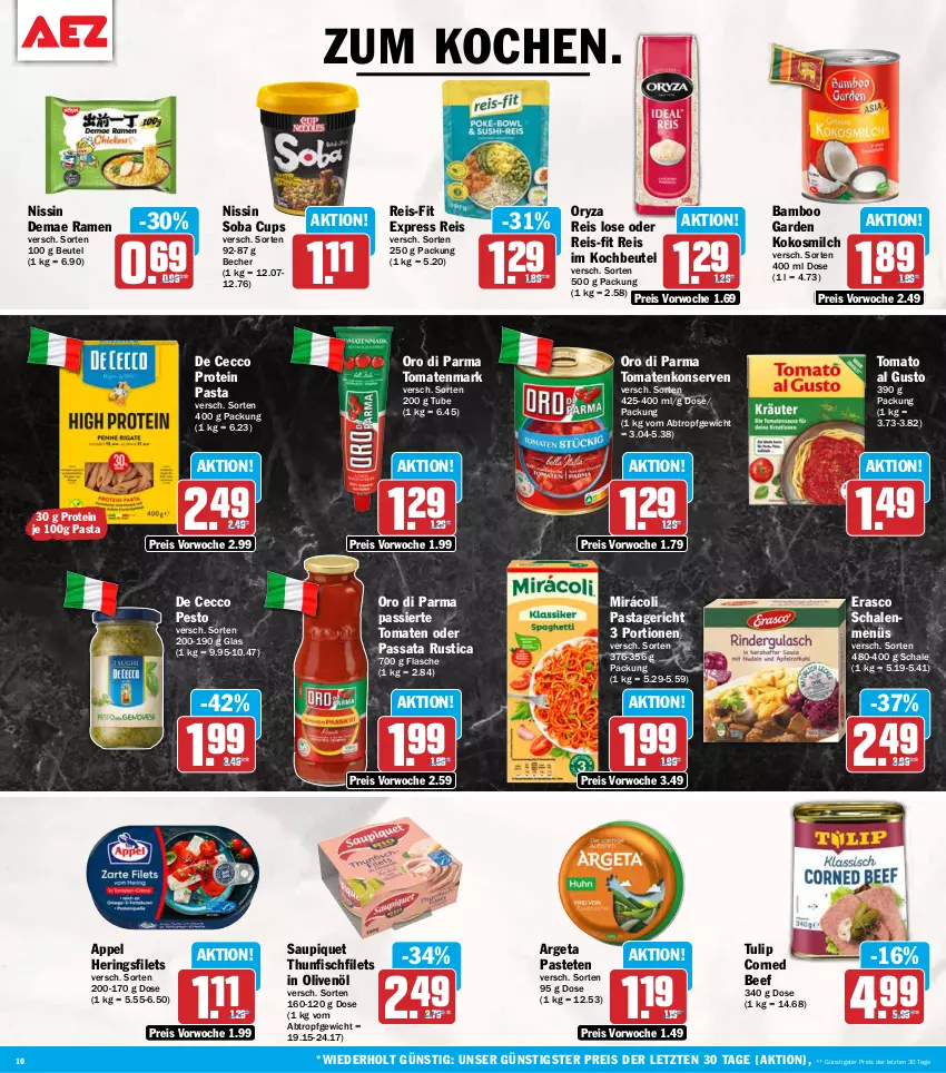Aktueller Prospekt Aez - Prospekte - von 12.10 bis 17.10.2026 - strona 10 - produkty: bamboo, Becher, beef, beutel, corned beef, De Cecco, ecco, eis, erasco, filet, filets, fisch, flasche, hering, Herings, heringsfilets, in olivenöl, kochbeutel, kokos, kokosmilch, Konserven, milch, Mirácoli, Nissin, olive, oliven, olivenöl, oro di parma, oryza, pasta, Pastagericht, pastete, pesto, reis, reis-fit, ring, saupiquet, Schal, Schale, thunfisch, Ti, tomate, tomaten, tomatenkonserven, tomatenmark, tomato al gusto, tulip, ZTE