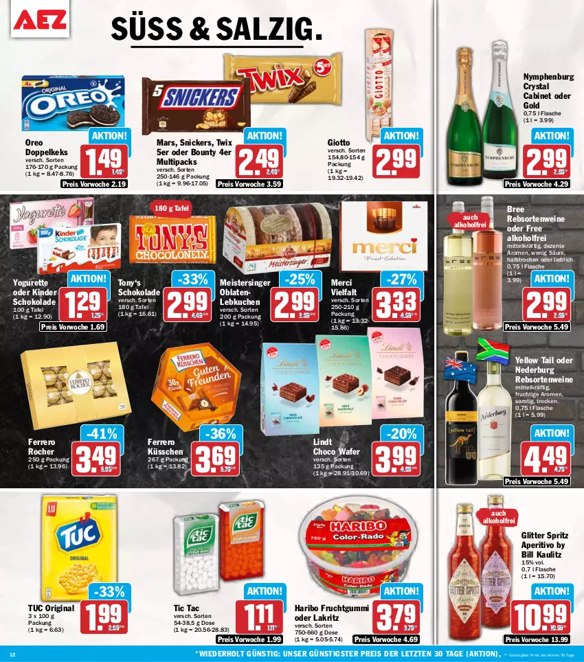 Aktueller Prospekt Aez - Prospekte - von 12.10 bis 17.10.2026 - strona 12 - produkty: alkohol, bounty, bree, eis, ente, ferrero, Ferrero Küsschen, Ferrero Rocher, flasche, frucht, fruchtgummi, gin, giotto, haribo, keks, Kinder, kinder schokolade, kuchen, Lakritz, Lebkuchen, lindt, mars, Meister, merci, nederburg, Oblaten, oder lakritz, oreo, rebsortenweine, reis, salz, schoko, schokolade, snickers, Ti, tuc, twix, wein, weine, yellow tail, Yo, yogurette, ZTE