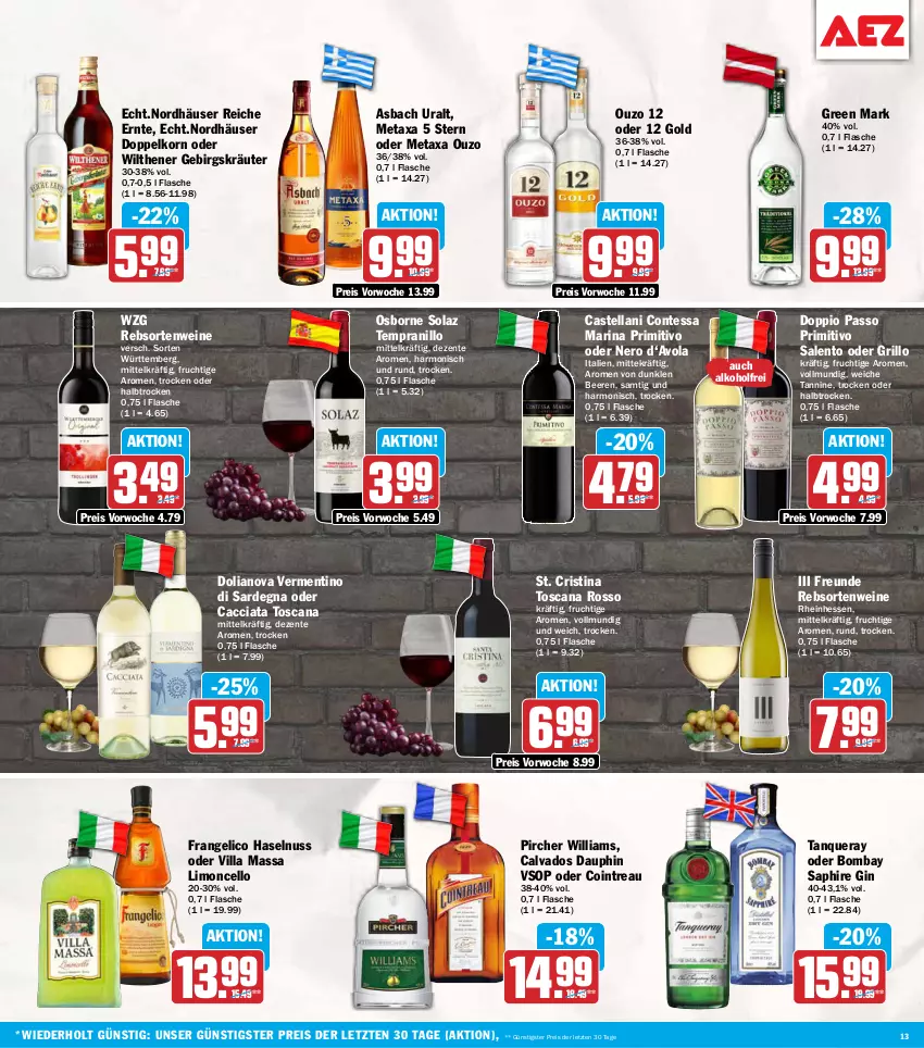 Aktueller Prospekt Aez - Prospekte - von 12.10 bis 17.10.2026 - strona 13 - produkty: ACC, alkohol, asbach uralt, beere, beeren, doppelkorn, doppio passo, eis, ente, flasche, frangelico, frucht, gin, grill, grillo, haselnuss, korn, kräuter, limo, Metaxa, nero, nuss, olaz, osborne, ouzo, ouzo 12, passo, pircher, primitivo, rebsortenweine, reis, Tanqueray, tempranillo, Ti, wein, weine, wilthener, ZTE
