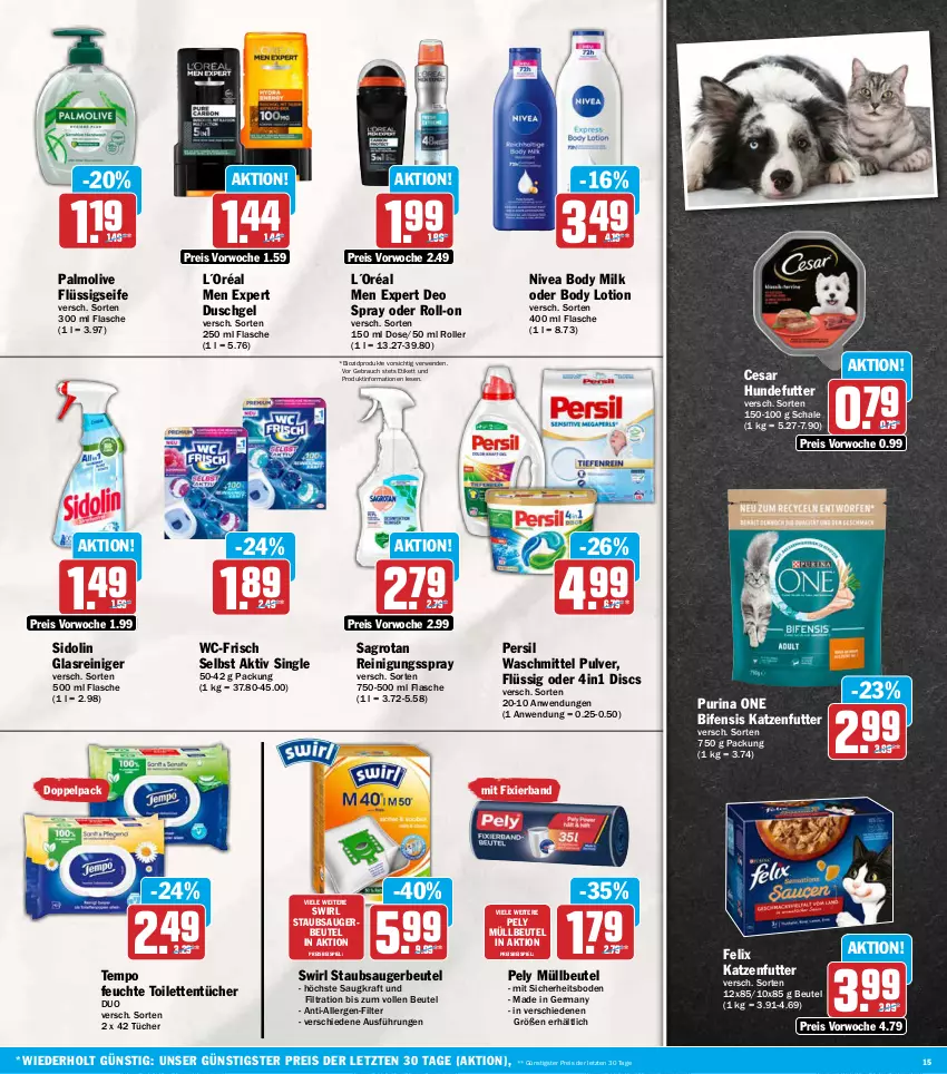 Aktueller Prospekt Aez - Prospekte - von 12.10 bis 17.10.2026 - strona 15 - produkty: beutel, bio, biozidprodukte, body, body lotion, body milk, deo, deo spray, duschgel, eis, felix, flasche, flüssigseife, Germ, Glasreiniger, katzenfutter, kraft, L´Oréal, Lotion, müllbeutel, nivea, olive, palmolive, pely, persil, persil waschmittel, purina, Rauch, reiniger, Reinigung, reis, roll-on, Roller, rwe, sagrotan, Schal, Schale, Seife, sidolin, staubsauger, staubsaugerbeutel, swirl, Tempo, Ti, toilettentücher, tücher, waschmittel, ZTE
