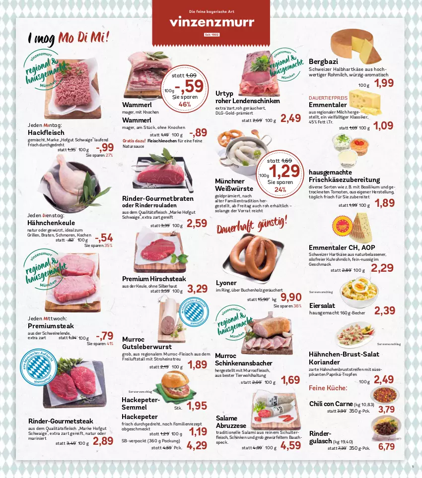 Aktueller Prospekt Aez - Prospekte - von 12.10 bis 17.10.2026 - strona 5 - produkty: auer, basilikum, Bau, Becher, braten, buch, chili, dauertiefpreis, eier, eiersalat, eis, elle, emmentaler, fleisch, frischkäse, frischkäsezubereitung, gewürz, grill, gulasch, gutsleberwurst, hackfleisch, hackfleisch gemischt, hähnchenbrust, hartkäse, hofgut, Holz, ideal zum grillen, Käse, Koriander, küche, Laufen, leberwurst, LG, lyoner, mac, merl, milch, natur, nuss, paprika, reifen, reis, rezept, Ria, rind, rinder, rindergulasch, Rinderroulade, rinderrouladen, ring, rouladen, salami, salat, sauce, schinken, schwein, schweine, schweizer hartkäse, Semmel, Speck, steak, Ti, tiefpreis, tisch, tomate, tomaten, uhr, urtyp, wein, weine, würfel, wurst, Yo