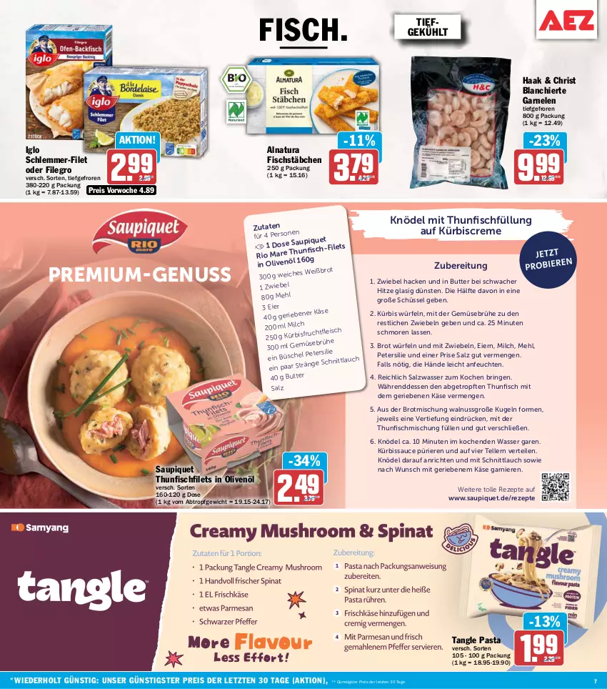 Aktueller Prospekt Aez - Prospekte - von 12.10 bis 17.10.2026 - strona 7 - produkty: Anrichte, brot, Brühe, butter, creme, eier, eis, elle, filegro, filet, filets, fisch, fischstäbchen, frucht, garnelen, garnier, Gemüsebrühe, iglo, in olivenöl, Käse, Knödel, Kugel, Kürbis, mehl, milch, mit zwiebeln, natur, natura, nuss, olive, oliven, olivenöl, pasta, petersilie, reis, rezept, rezepte, ring, Rio Mare, salz, sauce, saupiquet, schlemmer-filet, schnittlauch, schüssel, teller, thunfisch, Ti, walnuss, wasser, würfel, ZTE, zwiebel, zwiebeln