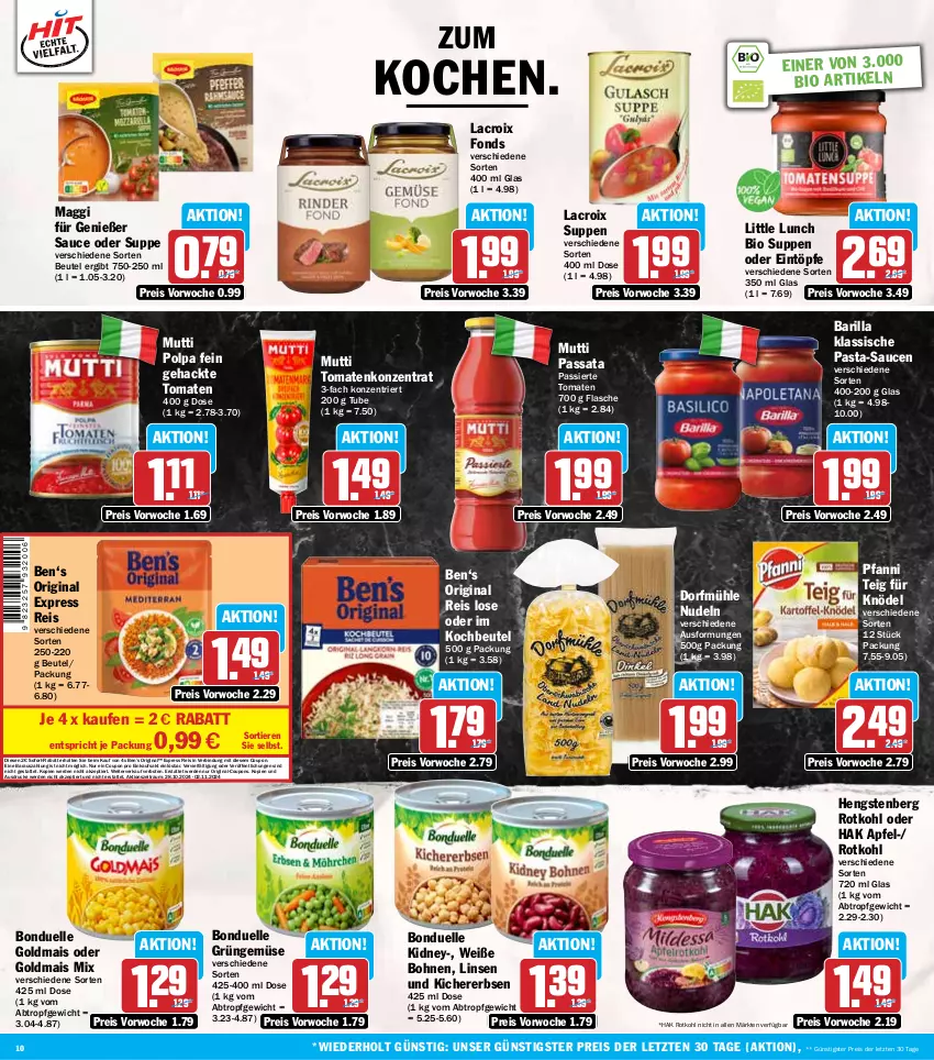 Aktueller Prospekt Hit - Wochenprospekt - von 28.10 bis 02.11.2024 - strona 10 - produkty: apfel, barilla, Ben’s Original, beutel, bio, bohne, bohnen, bonduelle, bonduelle goldmais, coupon, coupons, eintöpfe, eis, elle, erbsen, erde, flasche, gin, Goldmais, goldmais oder, hengstenberg, kichererbsen, kidney, Knödel, kochbeutel, linsen, maggi, mais, Mutti, nudel, nudeln, pasta, pasta-sauce, pfanni, reis, rotkohl, sauce, saucen, sofort-rabatt, suppe, suppen, Ti, Tiere, tomate, tomaten, Weiße Bohnen, ZTE