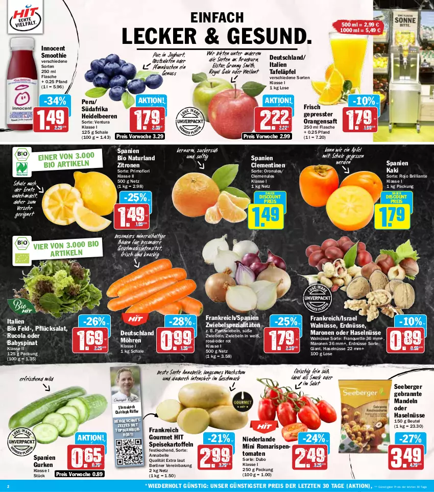 Aktueller Prospekt Hit - Wochenprospekt - von 28.10 bis 02.11.2024 - strona 2 - produkty: apfel, auer, Babyspinat, beere, beeren, Berger, berliner, beutel, bio, clementinen, cola, discount, eis, elle, erde, erdnüsse, flasche, fleisch, geschnetzeltes, gurke, gurken, heidelbeere, heidelbeeren, Innocent, joghur, joghurt, Kaki, kartoffel, kartoffeln, kuchen, mac, mandel, mandeln, möhren, natur, naturland, nuss, obst, orange, orangen, orangensaft, Pfannkuchen, reis, rispentomaten, rucola, saft, salat, salate, Schal, Schale, seeberger, smoothie, snack, speisekartoffeln, Spezi, spinat, tafeläpfel, Ti, tomate, tomaten, Wella, Zelt, zitrone, zitronen, ZTE, zucker, zwiebel, zwiebeln