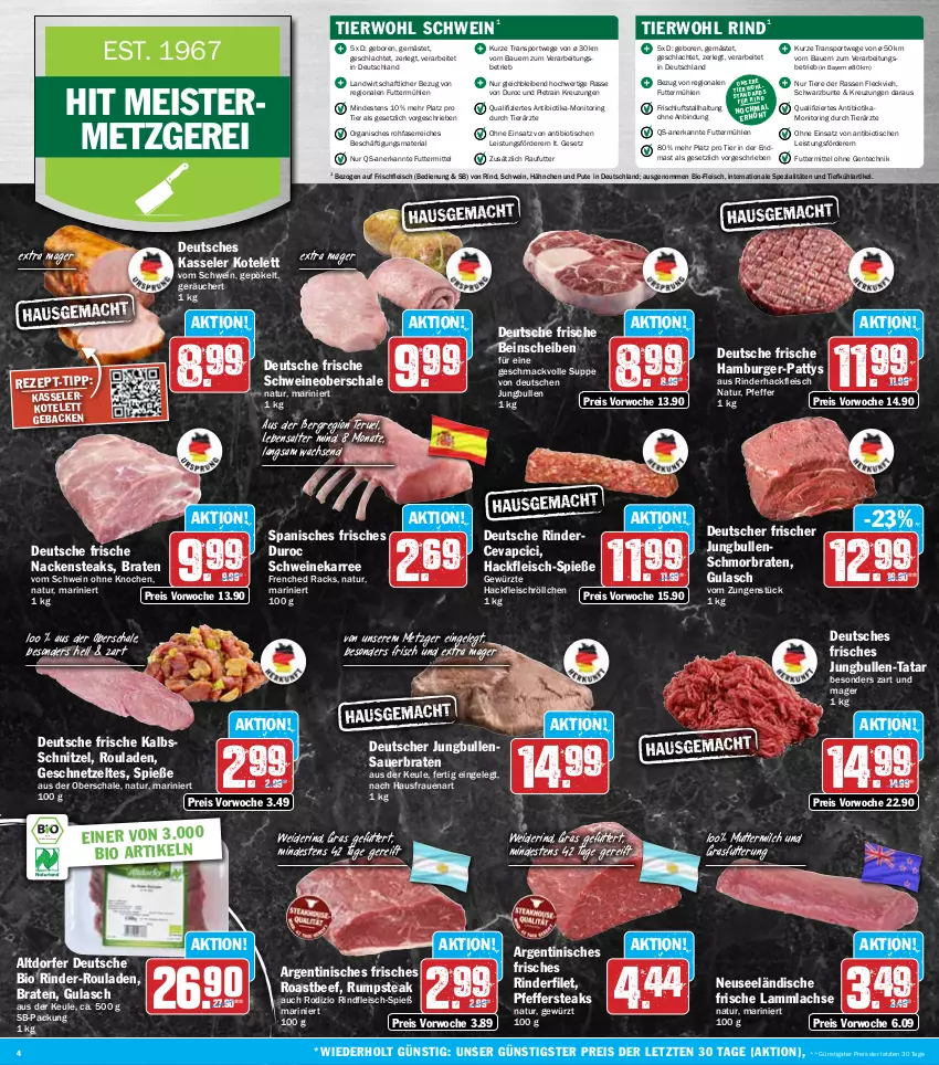 Aktueller Prospekt Hit - Wochenprospekt - von 28.10 bis 02.11.2024 - strona 4 - produkty: auer, Bau, Bauer, beef, bio, braten, burger, cevapcici, eis, ente, filet, fleisch, geback, Geflügel, geschnetzeltes, gewürz, gulasch, hackfleisch, hamburger, jungbullen, kalbsschnitzel, kasseler, kotelett, lachs, lamm, lammlachse, mac, Meister, milch, monitor, Nackensteak, nackensteaks, natur, pfeffer, pute, reis, Ria, rind, rinder, rinder-rouladen, rinderfilet, rinderhackfleisch, rindfleisch, ring, roastbeef, rouladen, rum, rumpsteak, Schal, Schale, schmorbraten, schnitzel, schwein, schweine, Schweineoberschale, Spezi, Sport, steak, steaks, suppe, Ti, Tiere, tisch, wein, weine, Zelt, ZTE