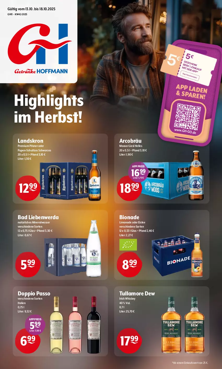 Aktueller Prospekt Getraenke Hoffmann - Prospekte - von 13.10 bis 18.10.2025 - strona 1 - produkty: Alwa, Bad, Bad Liebenwerda, bio, bionade, doppio passo, eis, eistee, elle, irish whiskey, limo, limonade, mineralwasser, natürliches mineralwasser, passo, pils, pilsner, premium pils, reis, tee, Ti, tullamore, tullamore dew, wasser, whiskey