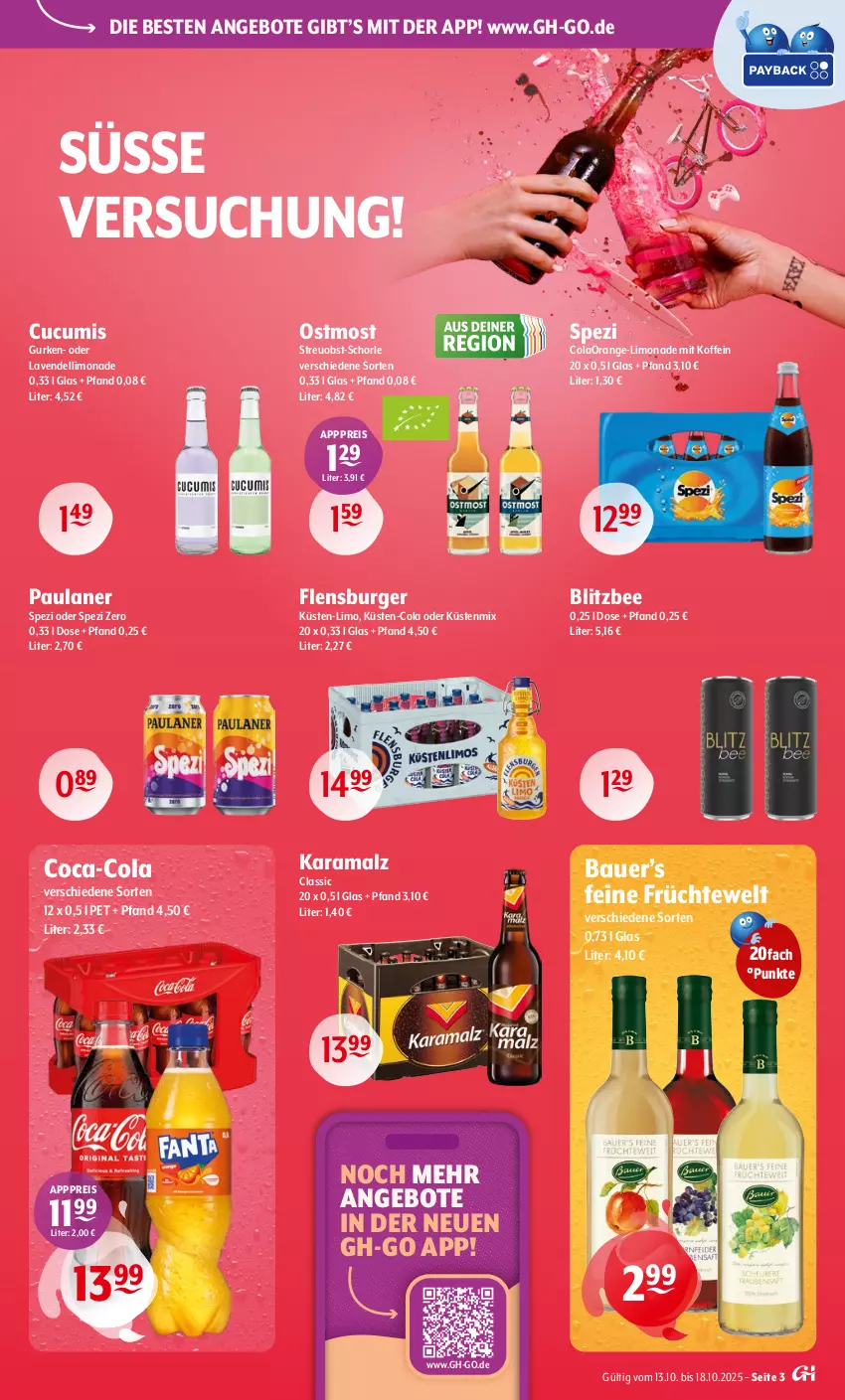 Aktueller Prospekt Getraenke Hoffmann - Prospekte - von 13.10 bis 18.10.2025 - strona 3 - produkty: angebot, angebote, auer, Bau, Bauer, burger, coca-cola, cola, dell, eis, flensburger, früchte, gurke, gurken, karamalz, lavendel, limo, limonade, malz, obst, orange, Paula, paulaner, rama, reis, schorle, Spezi, Ti