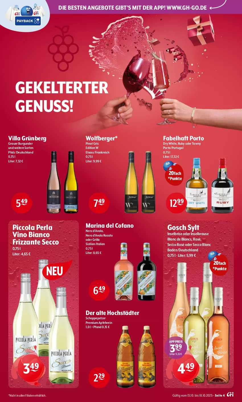 Aktueller Prospekt Getraenke Hoffmann - Prospekte - von 13.10 bis 18.10.2025 - strona 4 - produkty: angebot, angebote, apfel, apfelwein, auer, Bad, Berger, brause, burgunder, cola, de blancs, ecco, eis, frizzante, grauer burgunder, grill, grillo, nero, nuss, perla, Pinot, reis, rosato, Tawny Port, Ti, wein