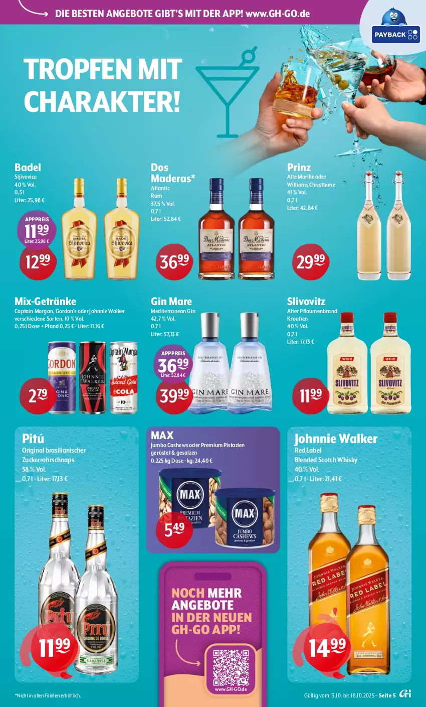Aktueller Prospekt Getraenke Hoffmann - Prospekte - von 13.10 bis 18.10.2025 - strona 5 - produkty: angebot, angebote, Bad, blended scotch, blended scotch whisky, Cap, captain morgan, Cashew, eis, getränk, getränke, gin, gin mare, gordon, Gordon’s, johnnie walker, jumbo, pflaume, pflaumen, pistazien, reis, rum, salz, scotch, scotch whisky, Ti, whisky, zucker