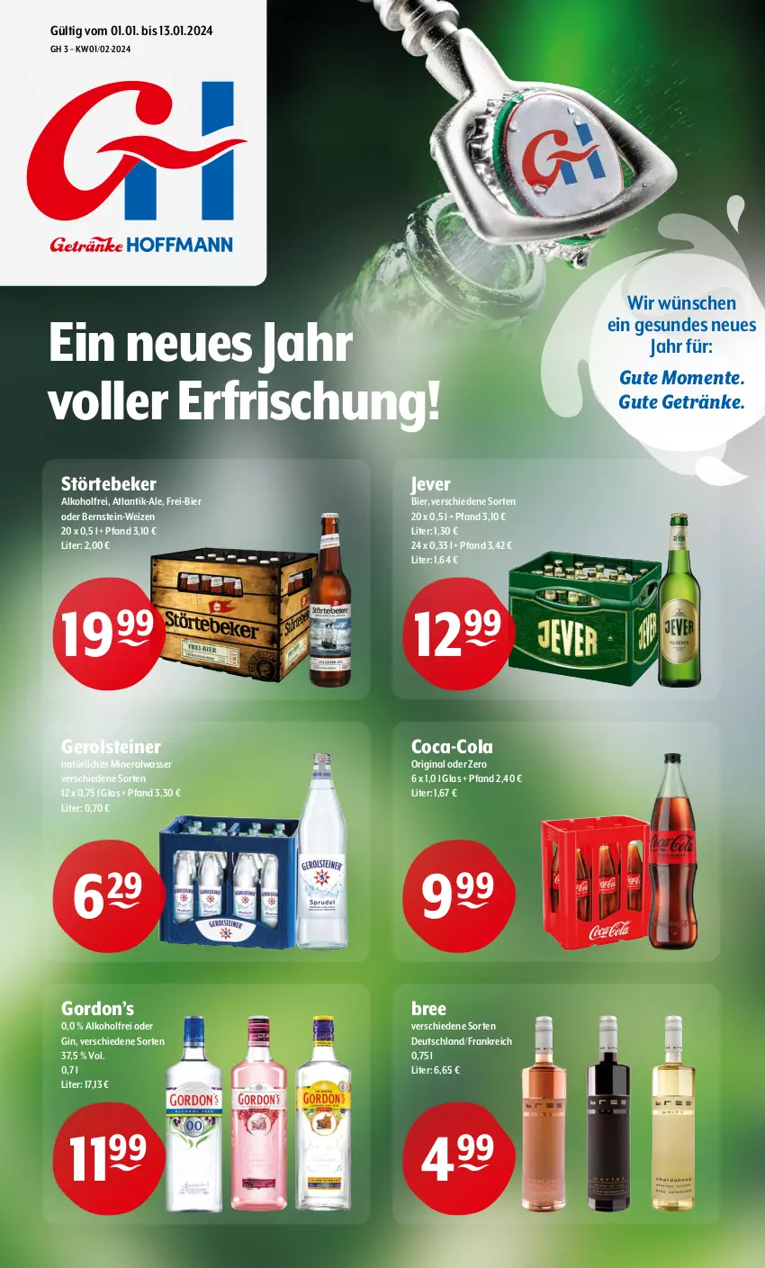 Aktueller Prospekt Getraenke Hoffmann - Prospekte - von 02.01 bis 13.01.2024 - strona 1 - produkty: alkohol, Alwa, bier, bree, coca-cola, cola, ente, gerolsteine, gerolsteiner, getränk, getränke, gin, gordon, Gordon’s, jever, mineralwasser, natürliches mineralwasser, steiner, störtebeker, Ti, wasser