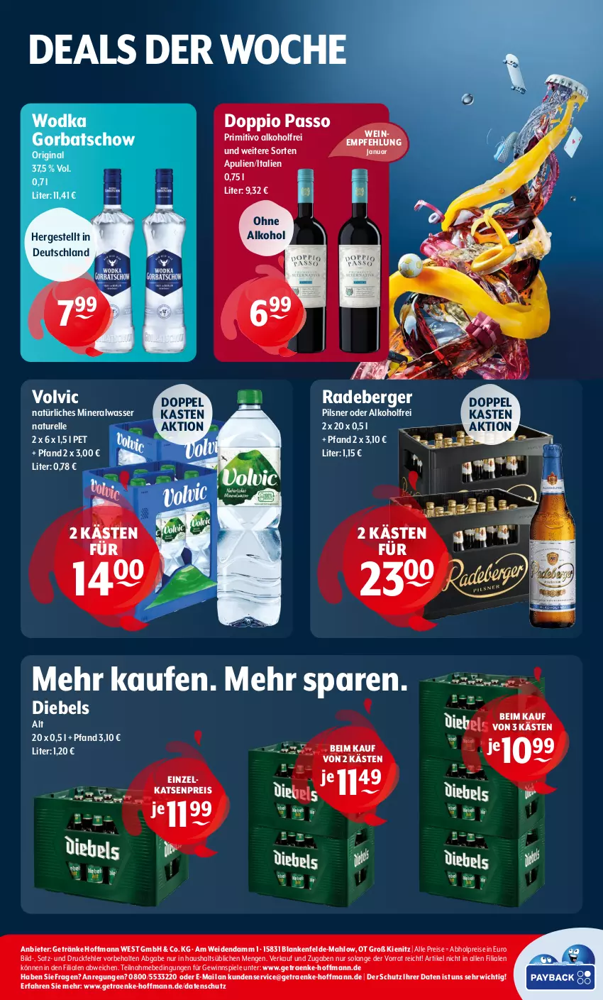 Aktueller Prospekt Getraenke Hoffmann - Prospekte - von 02.01 bis 13.01.2024 - strona 6 - produkty: abholpreise, alkohol, Alwa, Berger, diebels, doppio passo, eis, elle, getränk, getränke, gewinnspiel, gin, Gorbatschow, mineralwasser, natur, natürliches mineralwasser, ohne alkohol, passo, pils, pilsner, primitivo, radeberger, radeberger pilsner, reis, rel, Spiele, Ti, volvic, wasser, wein, weine, wodka