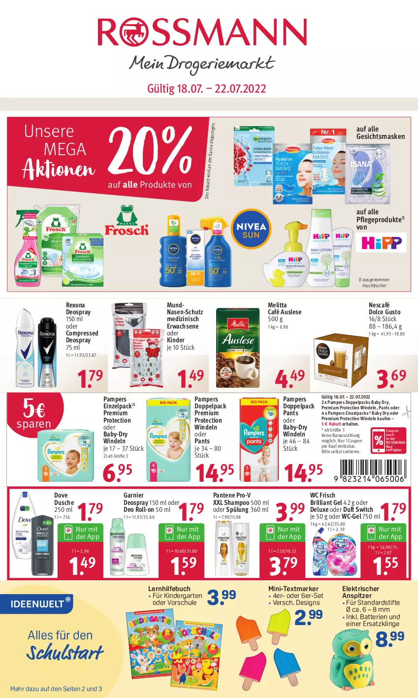 Aktueller Prospekt Rossmann - Prospekte - von 18.07 bis 22.07.2022 - strona 1 - produkty: baby-dry, batterie, batterien, buch, coupon, deo, deo roll-on, deospray, deospray 150 ml, dolce gusto, dove, dusche, feuchttücher, garnier, Garten, Gesichtsmaske, K2, Kinder, Maske, melitta, Nescafé, oder deo roll-on, pampers, pantene, pantene pro-v, Pants, pro-v, rexona, roll-on, shampoo, spülung, stifte, textmarker, Ti, Tiere, tücher, wc frisch, wc-gel, windeln, windeln oder pants