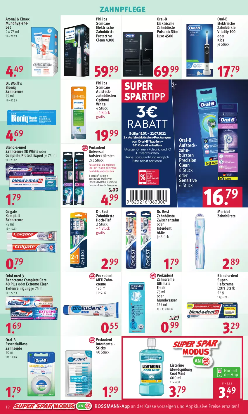 Aktueller Prospekt Rossmann - Prospekte - von 18.07 bis 22.07.2022 - strona 12 - produkty: akku, aufsteckbürsten, bio, blend-a-med, bürste, bürsten, colgate, coupon, creme, Dr. Best, eis, elektrische zahnbürste, elmex, erde, Essentialfloss, Haftcreme, LG, listerine, meridol, mint, Mundhygiene, mundspülung, mundwasser, Odol, Odol-med 3, oral-b, Philips, precision clean, Prokudent, Reinigung, reis, sonicare, spartipp, spülung, Ti, Tiere, vita, vitality, wasser, zahnbürste, zahnbürsten, zahncreme, Zahnseide, ZTE