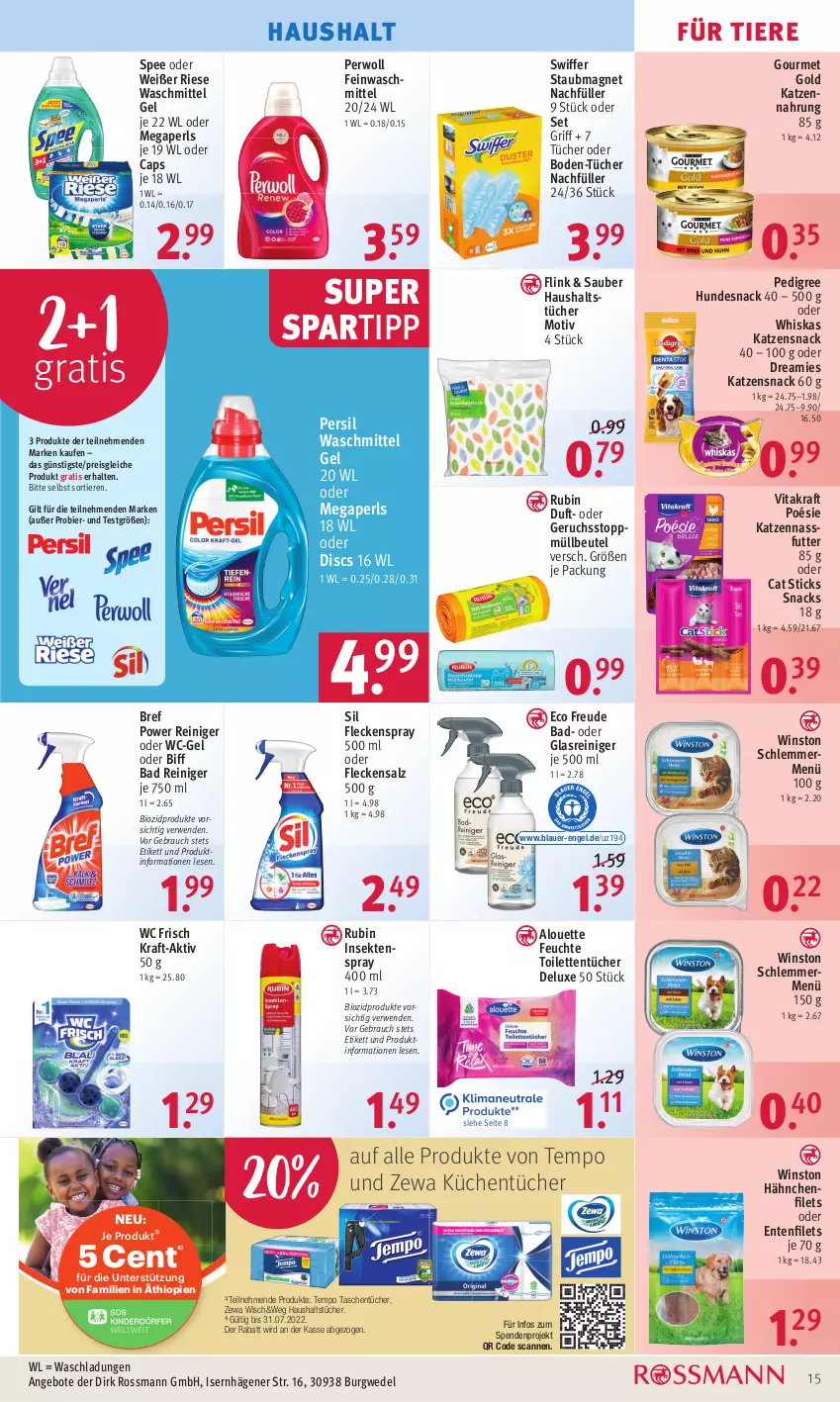 Aktueller Prospekt Rossmann - Prospekte - von 18.07 bis 22.07.2022 - strona 15 - produkty: alouette, angebot, angebote, auer, Bad, beutel, bier, biff, bio, biozidprodukte, Bref, bref power, Cap, dreamies, eis, Engel, ente, feinwaschmittel, filet, filets, Glasreiniger, gourmet gold, haushaltstücher, hundesnack, katzennahrung, katzensnack, kraft, küche, Küchen, küchentücher, megaperls, müllbeutel, nassfutter, pedigree, persil, persil waschmittel, perwoll, Rauch, reiniger, reis, Rubin, rwe, salz, sekt, snack, snacks, spartipp, spee, staubmagnet, swiffer, Tasche, taschen, taschentücher, Tempo, Ti, Tiere, toilettentücher, tücher, vita, vitakraft, waschmittel, wc frisch, wc-gel, wedel, whiskas, zewa