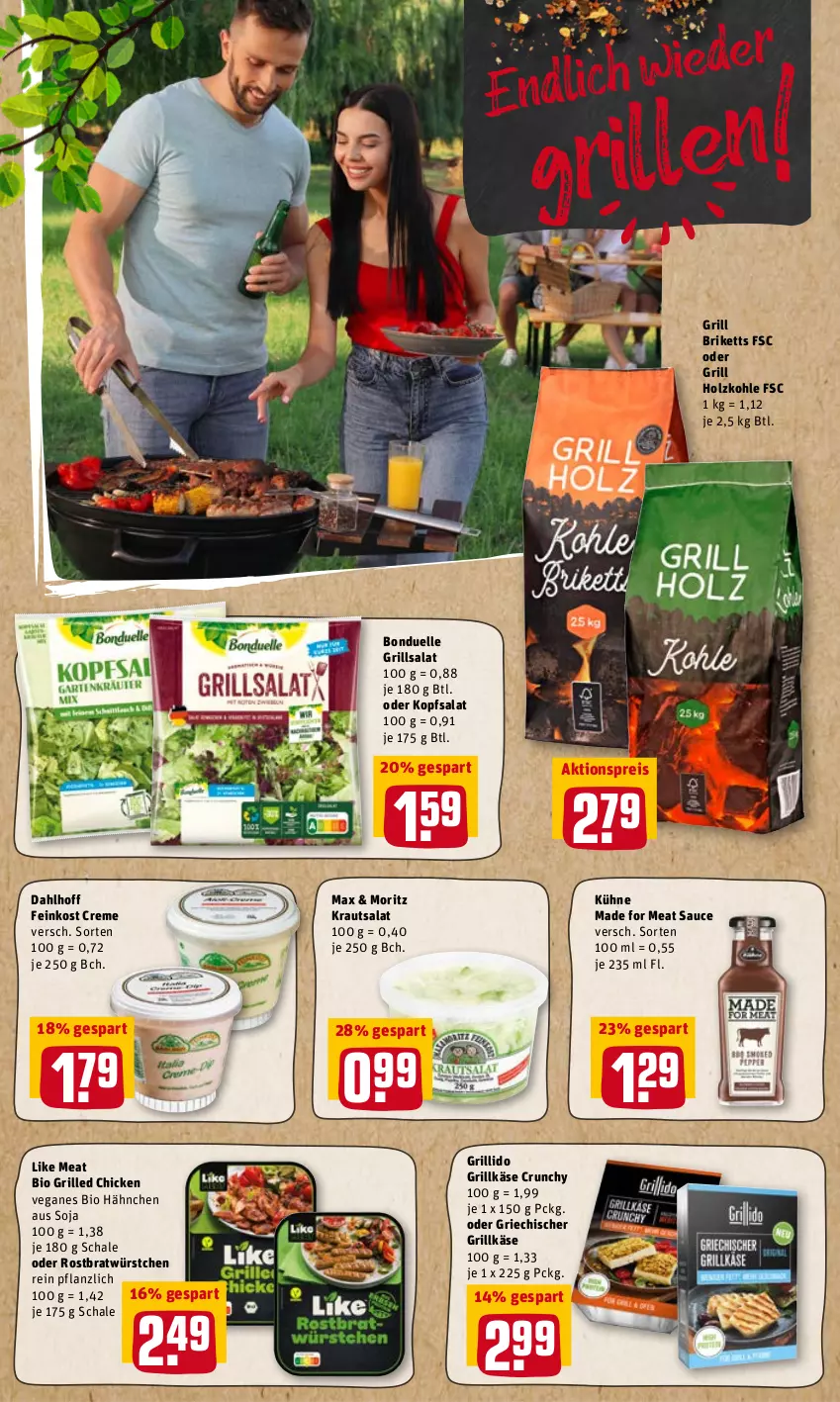 Aktueller Prospekt Rewe - Diese Woche im Angebot! - von 02.05 bis 07.05.2022 - strona 16 - produkty: aktionspreis, bio, bonduelle, briketts, creme, eis, elle, feinkost, grill, Grillkäse, Holz, holzkohle, Käse, kopfsalat, Kraut, krautsalat, Kühne, Like Meat, reis, salat, sauce, Schal, Schale, soja, Ti, würstchen