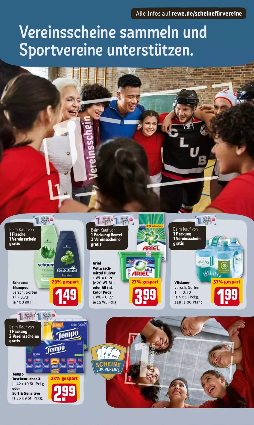 Aktueller Prospekt Rewe - Diese Woche im Angebot! - von 02.05 bis 07.05.2022 - strona 19 - produkty: ariel, auer, beutel, flasche, Pods, schauma, schauma shampoo, shampoo, Sport, Tasche, taschen, taschentücher, Tempo, Ti, tücher, vollwaschmittel, vöslauer, waschmittel