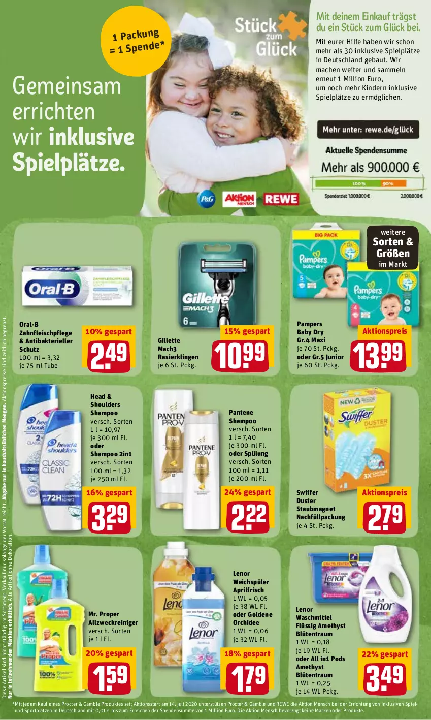 Aktueller Prospekt Rewe - Diese Woche im Angebot! - von 02.05 bis 07.05.2022 - strona 21 - produkty: aktionspreis, alle artikel ohne dekoration, allzweckreiniger, Bau, Blüte, dekoration, eis, elle, fleisch, gillette, HP, Kinder, lenor, lenor waschmittel, lenor weichspüler, lion, mac, mach3, oral-b, orchidee, pampers, pampers baby dry, pantene, Pods, pril, Rasierklinge, rasierklingen, reiniger, reis, shampoo, Sport, spülung, staubmagnet, swiffer, Ti, waschmittel, weck, weichspüler