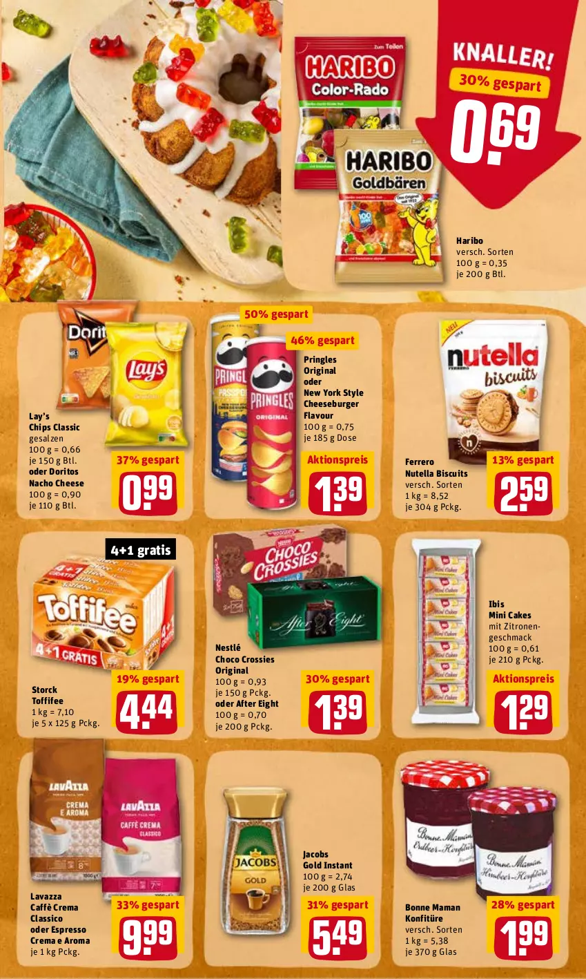 Aktueller Prospekt Rewe - Diese Woche im Angebot! - von 02.05 bis 07.05.2022 - strona 27 - produkty: after eight, aktionspreis, bonne maman, burger, caffè crema, chips, choco crossies, classico, crossies, Doritos, eis, espresso, ferrero, gin, haribo, jacobs, Jacobs Gold, konfitüre, lavazza, mac, mam, nacho, nacho cheese, nestlé, nutella, oder espresso, pringles, reis, ring, salz, storck, Ti, toffifee, Yo, zitrone, zitronen