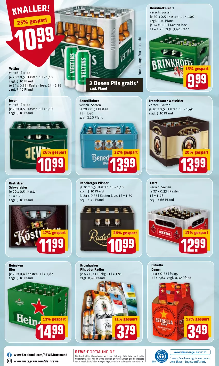 Aktueller Prospekt Rewe - Diese Woche im Angebot! - von 02.05 bis 07.05.2022 - strona 28 - produkty: angebot, angebote, Astra, Benediktiner, Berger, bier, drucker, eis, Engel, Estrella Damm, franziskaner, heineken, jever, kerze, köstritzer, krombache, krombacher, krombacher pils, oder radler, pils, pilsner, radeberger, radeberger pilsner, radler, rel, Ti, veltins, weissbier