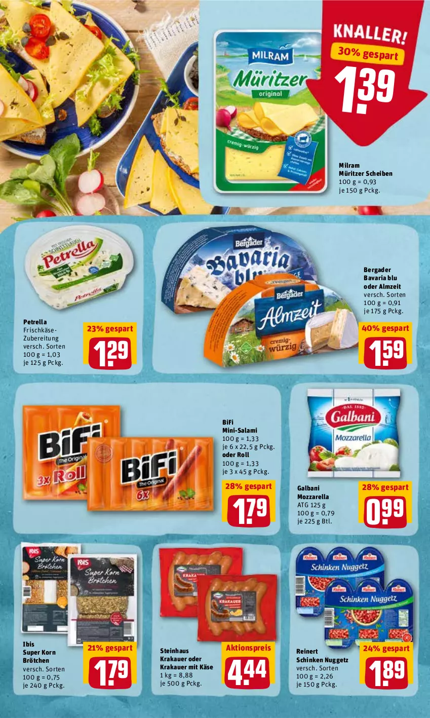 Aktueller Prospekt Rewe - Diese Woche im Angebot! - von 02.05 bis 07.05.2022 - strona 8 - produkty: aktionspreis, auer, bavaria blu, bergader, bifi, brötchen, eis, frischkäse, frischkäsezubereitung, galbani, Käse, korn, krakauer, milram, Mini-Salami, mozzarella, petrella, reinert, reis, rel, Ria, salami, schinken, steinhaus, Ti