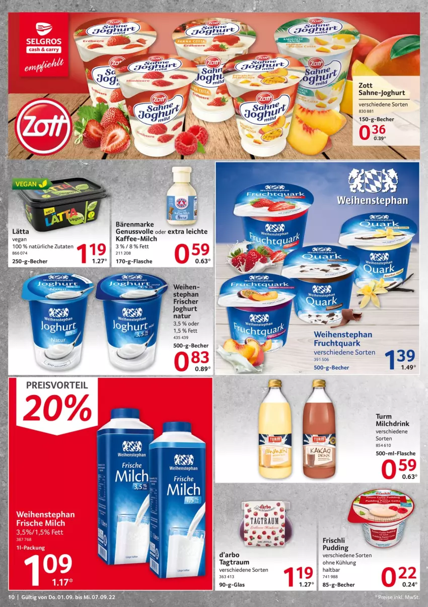 Aktueller Prospekt Selgros - Food - von 01.09 bis 07.09.2022 - strona 10 - produkty: aeg, bärenmarke, Becher, drink, flasche, frische milch, frischli, frucht, Fruchtquark, joghur, joghurt, kaffee, kakao, milch, natur, nuss, pudding, quark, sahne, weihenstephan, zott