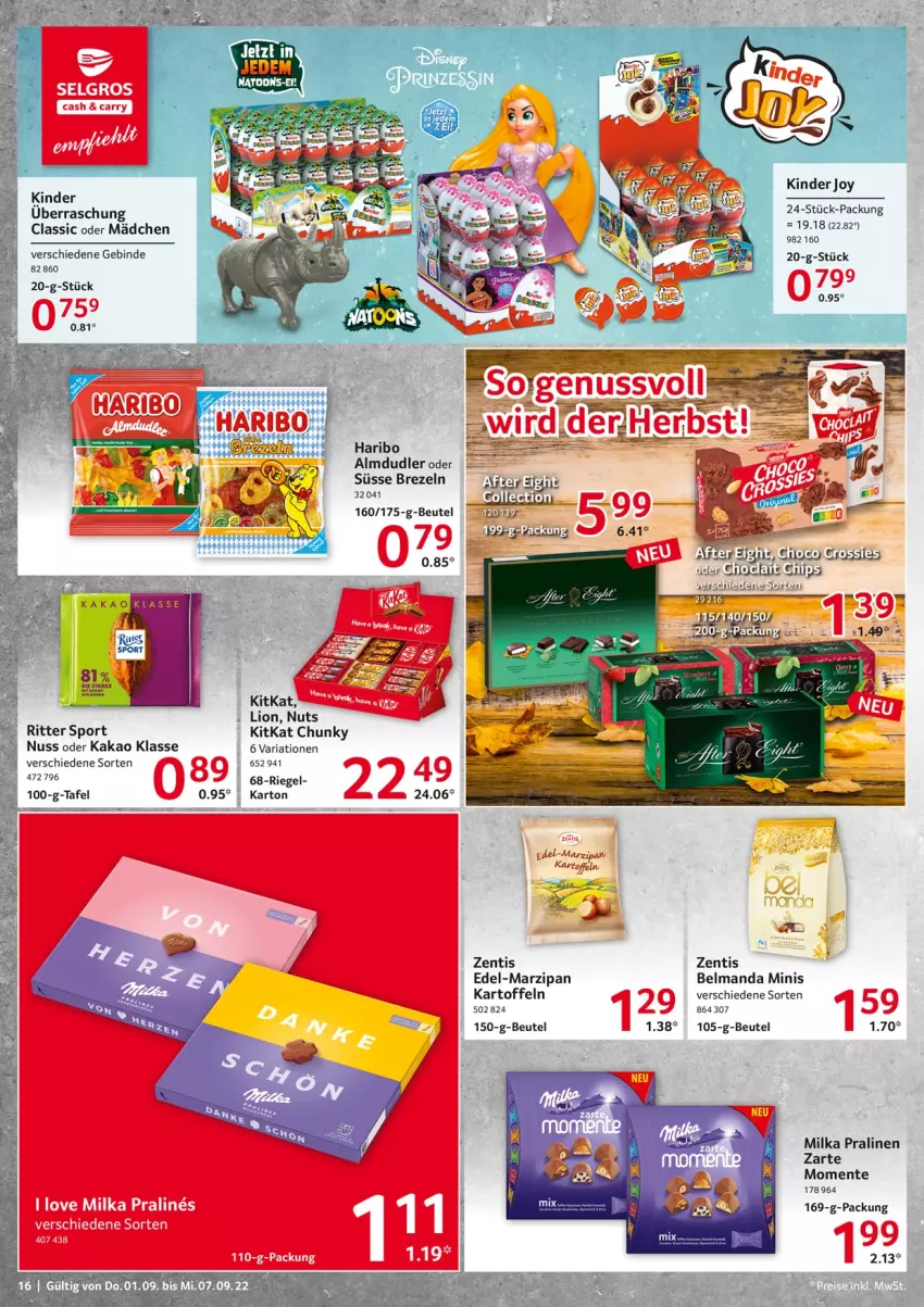 Aktueller Prospekt Selgros - Food - von 01.09 bis 07.09.2022 - strona 16 - produkty: almdudler, beutel, brezel, Brezeln, ente, haribo, kakao, kartoffel, kartoffeln, Kinder, kitkat, lion, marzipan, milka, nuss, pralinen, Ria, riegel, ritter, ritter sport, Sport, Ti, zentis