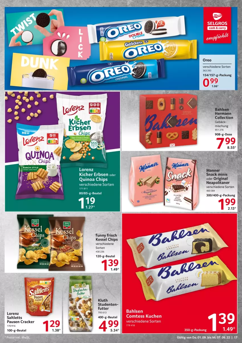 Aktueller Prospekt Selgros - Food - von 01.09 bis 07.09.2022 - strona 17 - produkty: bahlsen, beutel, chips, cracker, ente, Funny Frisch, gin, lorenz, oreo, saltletts, snack, Ti