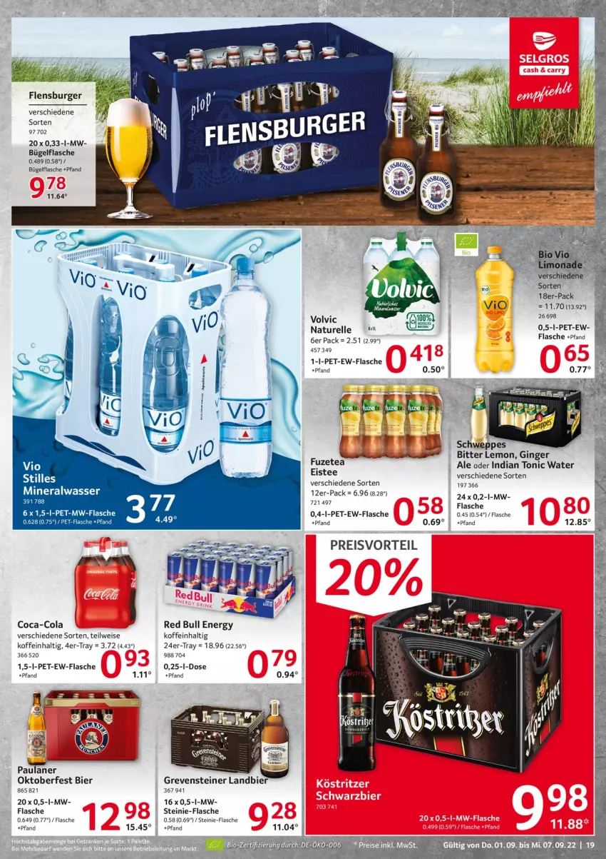 Aktueller Prospekt Selgros - Food - von 01.09 bis 07.09.2022 - strona 19 - produkty: Alwa, bier, bitter lemon, bügel, bügelflasche, burger, coca-cola, cola, eis, eistee, elle, flasche, flensburger, fuzetea, gin, ginger, ginger ale, grevensteiner, Handy, mineralwasser, mw-flasche, natur, Paula, paulaner, preisvorteil, red bull, reis, rel, steiner, tee, Ti, tonic, tonic water, volvic, wasser