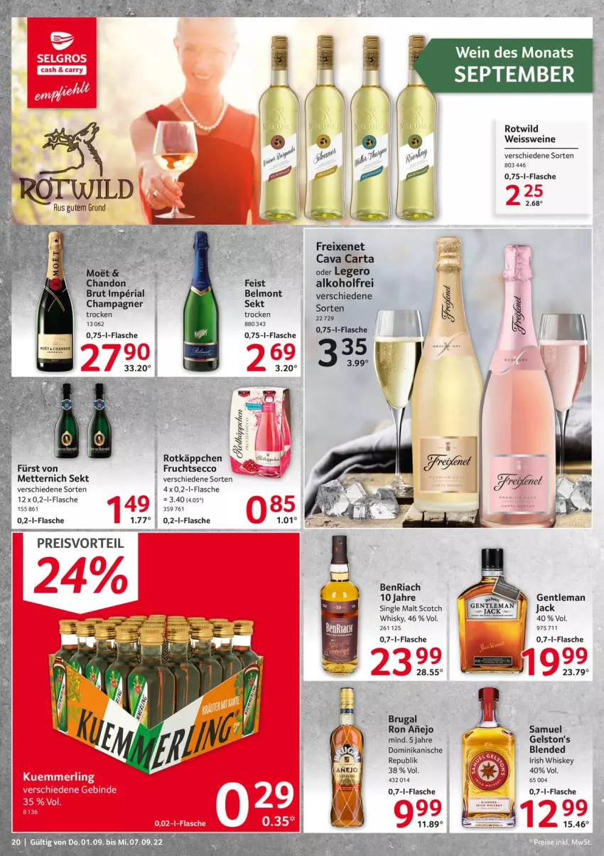 Aktueller Prospekt Selgros - Food - von 01.09 bis 07.09.2022 - strona 20 - produkty: alkohol, BenRiach, brut, Cava, champagne, champagner, ecco, eis, flasche, freixenet, frucht, fruchtsecco, irish whiskey, Mett, metternich, preisvorteil, reis, Ria, rotkäppchen, scotch, sekt, single malt, Ti, wein, weine, whiskey, whisky, Wild