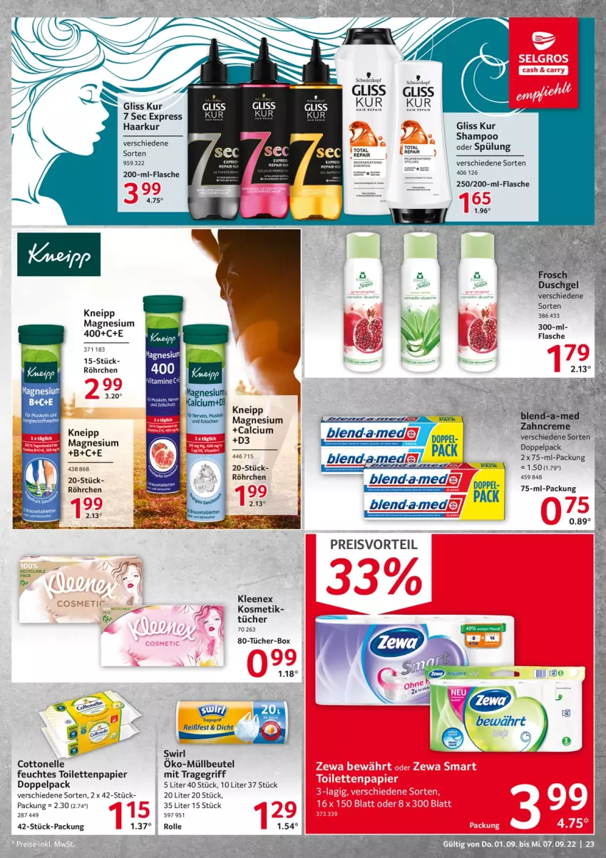 Aktueller Prospekt Selgros - Food - von 01.09 bis 07.09.2022 - strona 23 - produkty: beutel, cottonelle, creme, duschgel, eis, elle, feuchtes toilettenpapier, flasche, gliss, gliss kur, kneipp, kosmetik, müllbeutel, papier, preisvorteil, reis, schwarzkop, schwarzkopf, shampoo, swirl, Ti, toilettenpapier, tragegriff, tücher, zahncreme