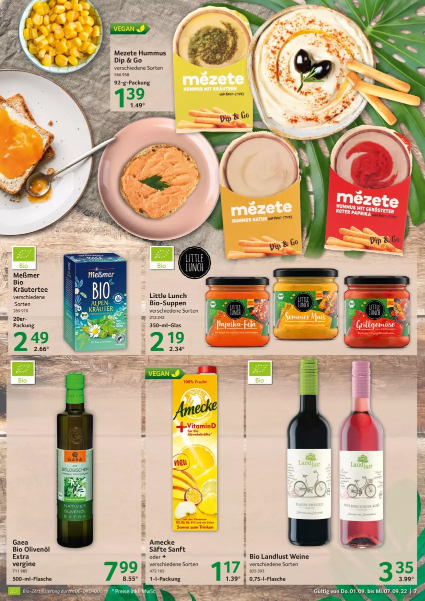 Aktueller Prospekt Selgros - Food - von 01.09 bis 07.09.2022 - strona 7 - produkty: amecke, bio, brot, dip, flasche, gin, hummus, kräuter, Meßmer, olive, oliven, olivenöl, säfte, suppe, suppen, tee, Ti, wein, weine