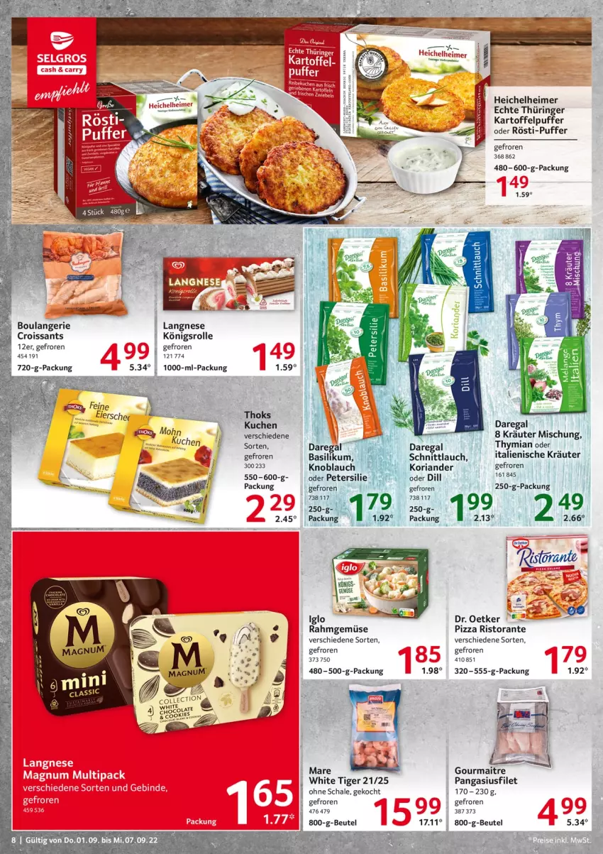 Aktueller Prospekt Selgros - Food - von 01.09 bis 07.09.2022 - strona 8 - produkty: basilikum, beutel, bio, Croissant, croissants, Dr. Oetker, eimer, filet, iglo, kartoffel, kartoffelpuffer, knoblauch, Koriander, kräuter, kuchen, langnese, Pangasius, petersilie, pizza, Rahmgemüse, regal, Ria, ring, ristorante, Schal, Schale, schnittlauch, tee, Ti, ZTE