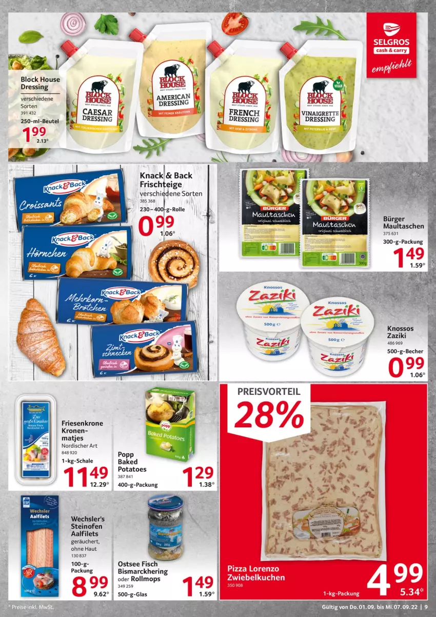 Aktueller Prospekt Selgros - Food - von 01.09 bis 07.09.2022 - strona 9 - produkty: Becher, beutel, bismarck, dressing, eis, filet, filets, fisch, hering, krone, matjes, maultaschen, Ofen, Popp, potatoes, preisvorteil, reis, ring, Schal, Schale, steinofen, Tasche, taschen, Ti, zaziki