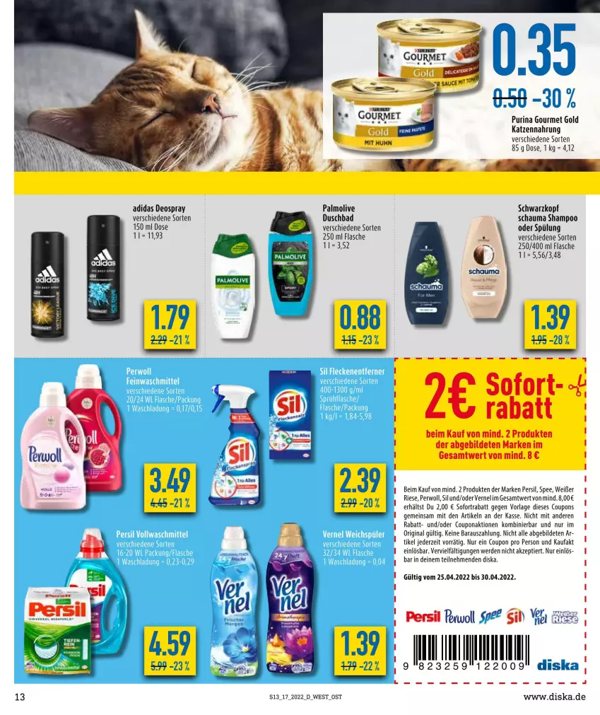 Aktueller Prospekt Diska - Prospekte - von 25.04 bis 30.04.2022 - strona 13 - produkty: Adidas, Bad, coupon, coupons, deo, deospray, duschbad, erde, flasche, gin, gourmet gold, katzennahrung, olive, palmolive, persil, perwoll, purina, schauma, schauma shampoo, schwarzkop, schwarzkopf, shampoo, sofortrabatt, spee, spülung, Ti, vernel