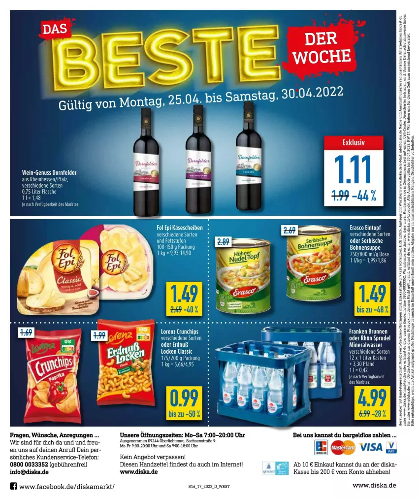 Aktueller Prospekt Diska - Prospekte - von 25.04 bis 30.04.2022 - strona 16 - produkty: Alwa, angebot, angebote, Astra, brunnen, deka, dornfelder, eis, ente, flasche, franken brunnen, mineralwasser, nuss, ring, sac, tee, telefon, Ti, uhr, Vase, wasser, wein