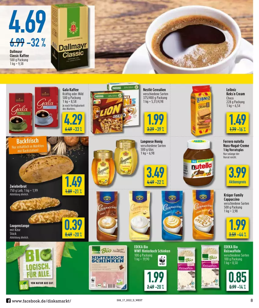 Aktueller Prospekt Diska - Prospekte - von 25.04 bis 30.04.2022 - strona 8 - produkty: aktionspreis, bio, brot, Cap, cappuccino, cerealien, cin, dallmayr, deka, edeka bio, eis, eiswaffeln, ferrero, honig, kaffee, keks, krüger, langnese, leibniz, nuss, nutella, reis, Reiswaffeln, schinken, Ti, waffeln, wein, zwiebel