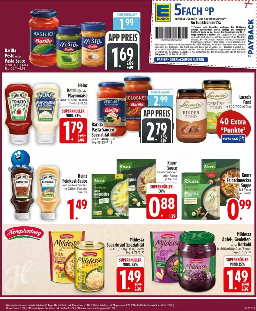 Aktueller Prospekt Edeka - Prospekte - von 20.10 bis 25.10.2025 - strona 13 - produkty: apfel, auer, beutel, coupon, deka, eis, erde, feinkost, feinschmecker, flasche, heinz, ketchup, knorr, Konserven, Kraut, LG, mayonnaise, obst, pasta, pasta-sauce, Rauch, reis, rind, rinder, rotkohl, rwe, sauce, saucen, Sauerkraut, Spezi, Ti, Yo