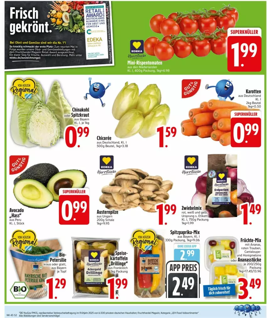 Aktueller Prospekt Edeka - Prospekte - von 20.10 bis 25.10.2025 - strona 2 - produkty: ananas, Ananasstücke, aust, Austern, beutel, bio, eis, früchte, honig, honigmelone, karotten, Kraut, melone, paprika, petersilie, pilze, reis, Schal, Schale, Spitzpaprika, Ti, trauben, Yo, zwiebel